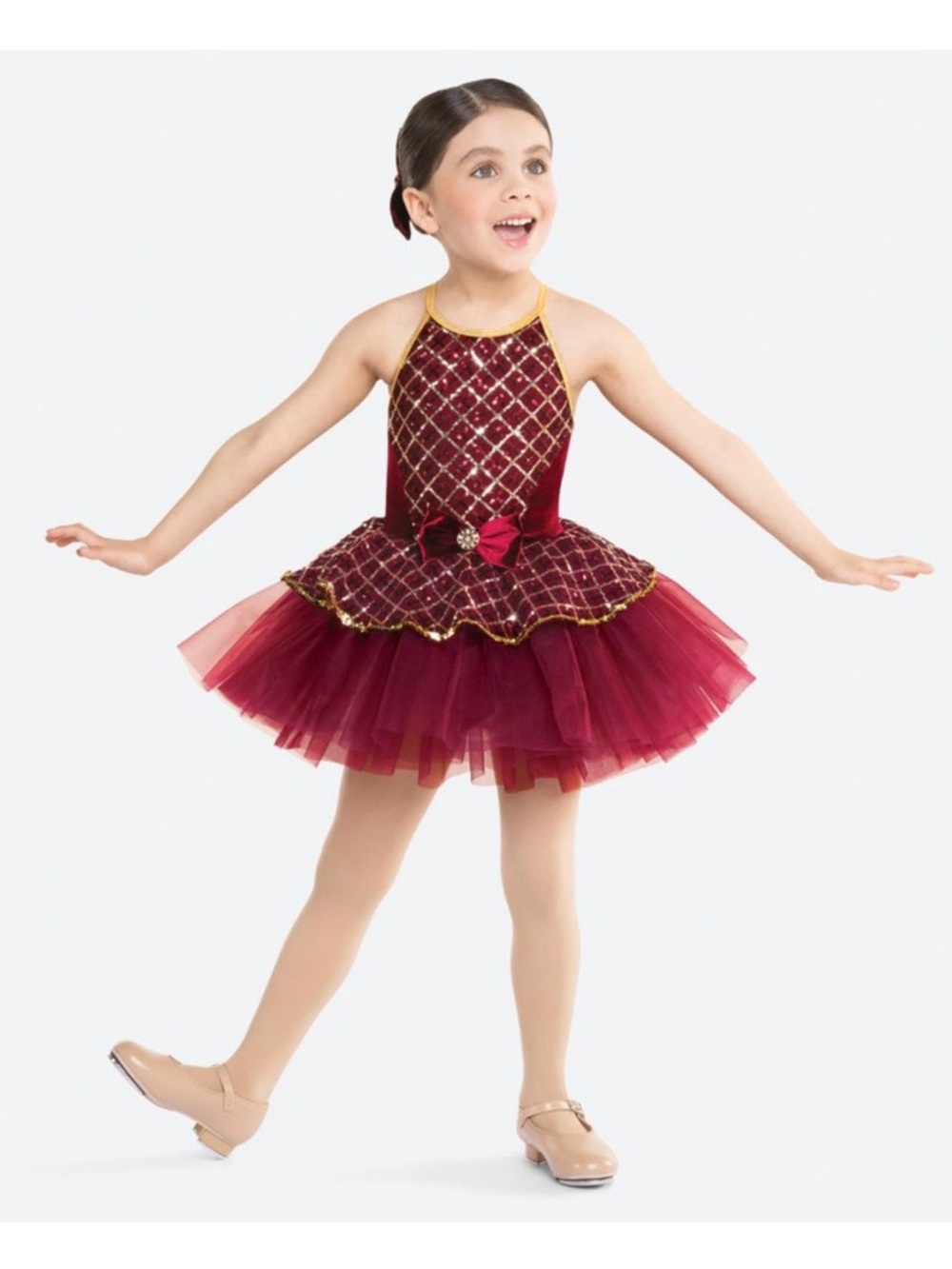 Revolution Dancewear | Remember When Burgundy Tutu Dance Costume Gold Trim, MC